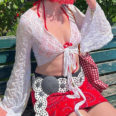 Lunivop  Streetwear y2k Lace Smock T-shirt Solid White Flared Full Sleeve Bandage Cardigan Crop Top Women Vintage 2000s Tees Shirt