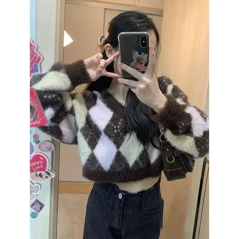 Lunivop V-Neck Slim Fit Sweater Mujer Y2K Korean Preppy Style High Waist Crop Tops Knitted Women Contrast Color Short Hotsweet Pullovers