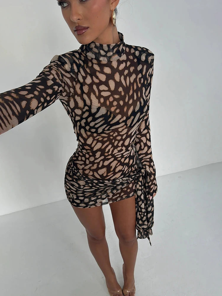 Lunivop  Turtleneck Sexy Sheer Print Leopard Bandage Women Dress Long Sleeve Mini Dress Lady Spring Slim Elegant Party Club Dress