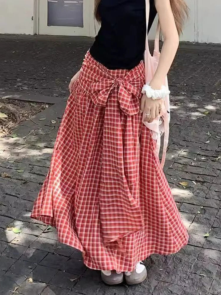 Lunivop  Vintage Red Plaid Long Skirts Women Sweet Bow High Waist A Line Skirt Vintage Korean Loose Casual Design Female Skirt New
