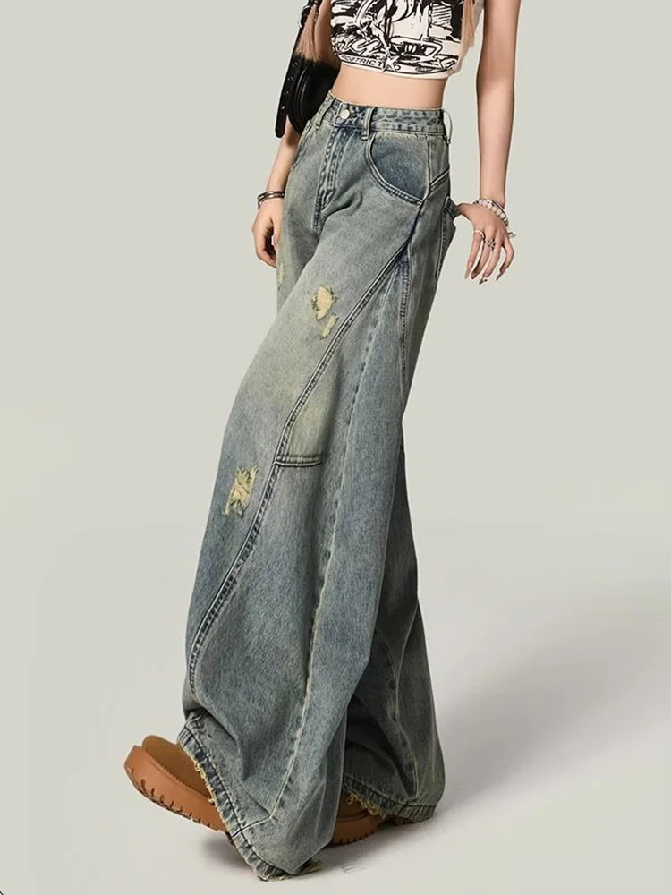 Lunivop Women Y2K Hole Jeans Streetwear American Retro High Waist Loose Denim Pants Casual Hip Hop Vintage Pockets Lady Gothic Trousers