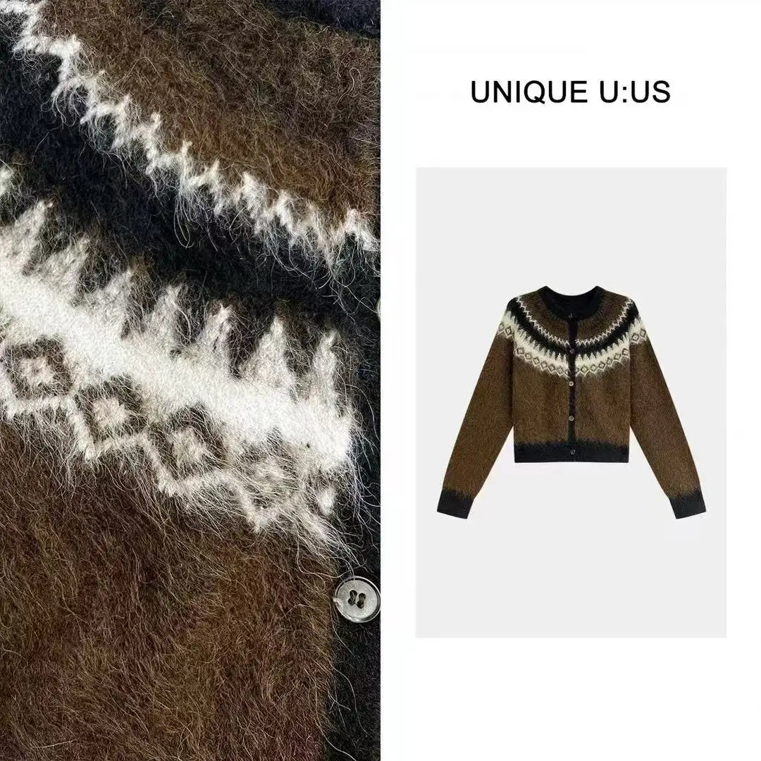 Lunivop Button Up Fair Isle Sweater Cardigan Soft Knit Sweater Jacket Geometric Print Cozy Knitwear Teen-girl Fall Winter Vintage Outfit