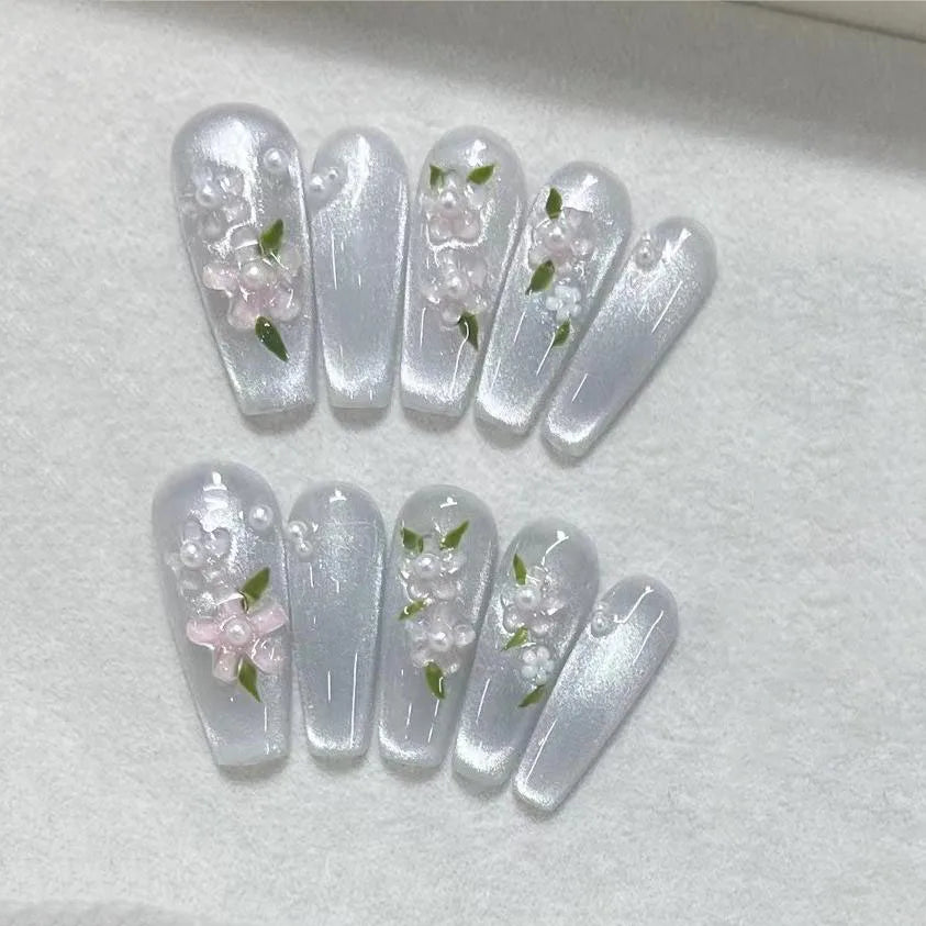 Lunivop  10pcs Handmade Press Ons Nails Summer 3d Flower Decoration for False Nails Cat Eye Aesthetic Fake Nail Artificial Finger Nails