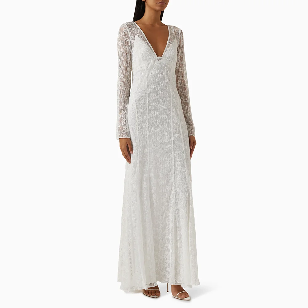 Lunivop  Elegant White Evening Dress V-Neck Long Sleeves Evening Gowns Lace Mermaid Ankle Length Formal Prom Dresses