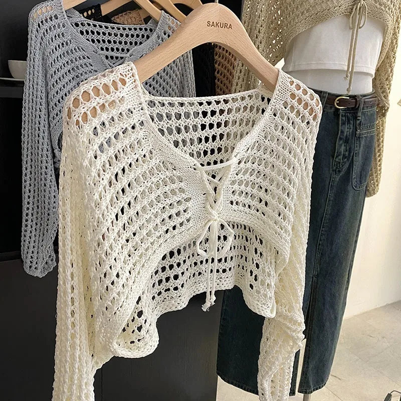 Lunivop Crochet Crop Tie Front Cardigan Women Long Sleeve Sheer OpenKnit Bolero Shrug Top Summer Beach Bikini Cover Up Y2K Outfit