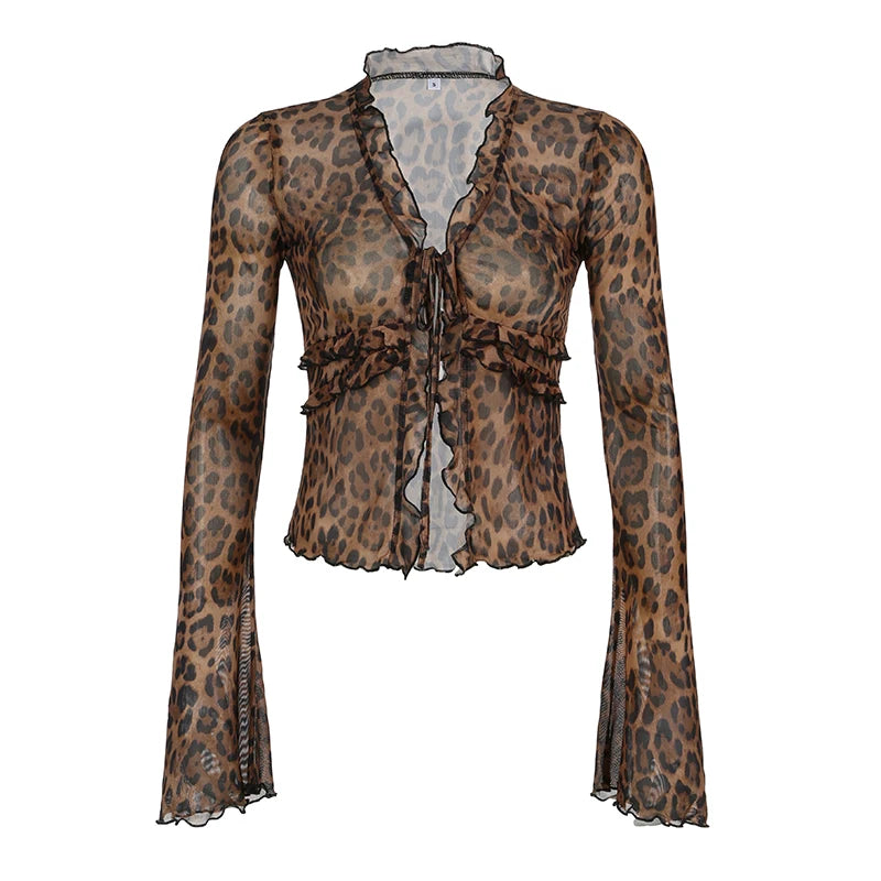 Lunivop  y2k Sexy Mesh Crop Top Vintage 2000s Leopard Print Ruffles Patchwork Bandage Cardigan T-shirts Women Transparent Club Tee