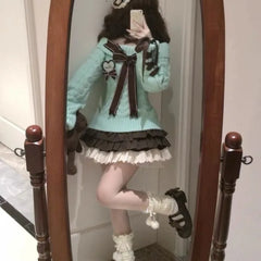 Lunivop  Deeptown Brown Women Plaid Skirts Kawaii Lolita Sweet Mini Skirts Vintage Lace Patchwork Cute Fashion High Waist Layered Skirt