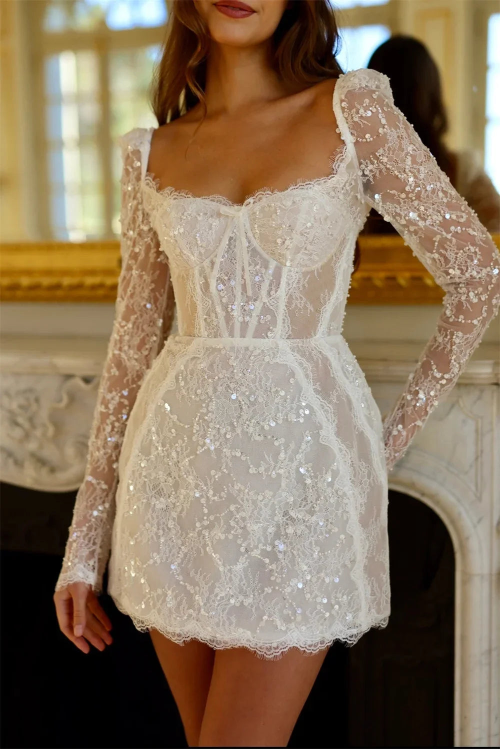 Lunivop  Long Sleeves Mini Wedding Dress For Women Sequins Shiny Illusion Backless Square Collar Above Knee Bridal Gowns