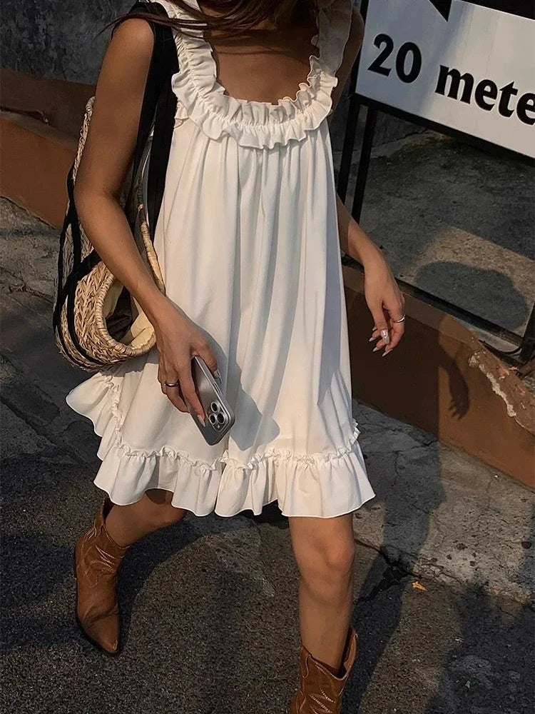Lunivop White Sleeveless Ruffles Mini Dress Women Casual Boho Beach Sundress Cute Girl Home Dresses Loose Summer Dress Oversize