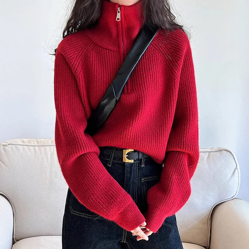 Lunivop Half Zip Collar Sweater Women Pullovers Soft Knitted Long Sleeve Short Jumper Fall Winter Teen-girl Korean Fashion Outfit