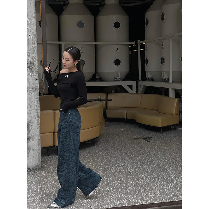 Lunivop Women's Retro Wide Leg Baggy Blue Casual Denim Trouser Harajuku Aesthetic High Waist Loose Jeans 2024 Autumn Leopard Print Pant