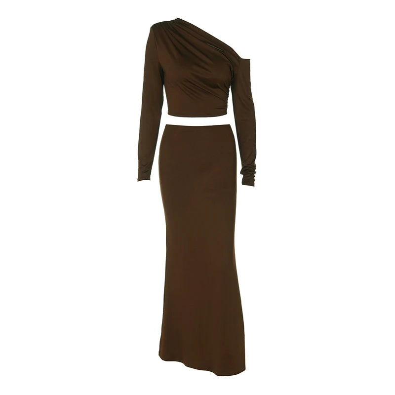 Lunivop  BKLD Autumn Brown Asymmetric Off-shoulder Full Sleeves Short Tops+Tight Fit Long Half Skirts Sexy Casual Women's Streetwear