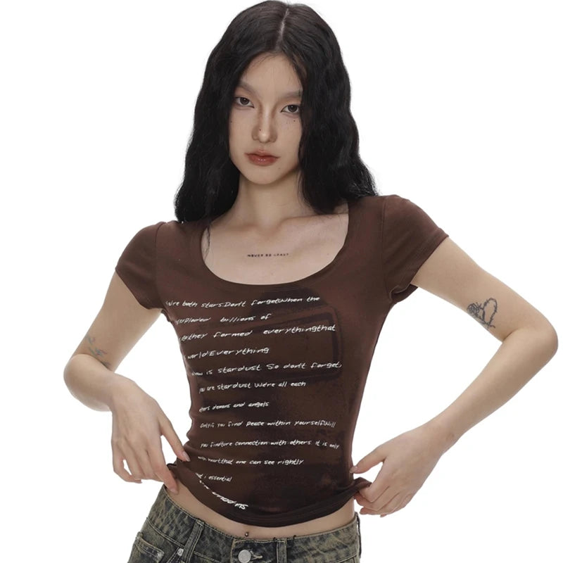 Lunivop Summer Women Retro Sweet Spicy Skinny Tops Lady Bean Green Casual T-Shirts Girls Letter Portrait Print Short Sleeve Clothes