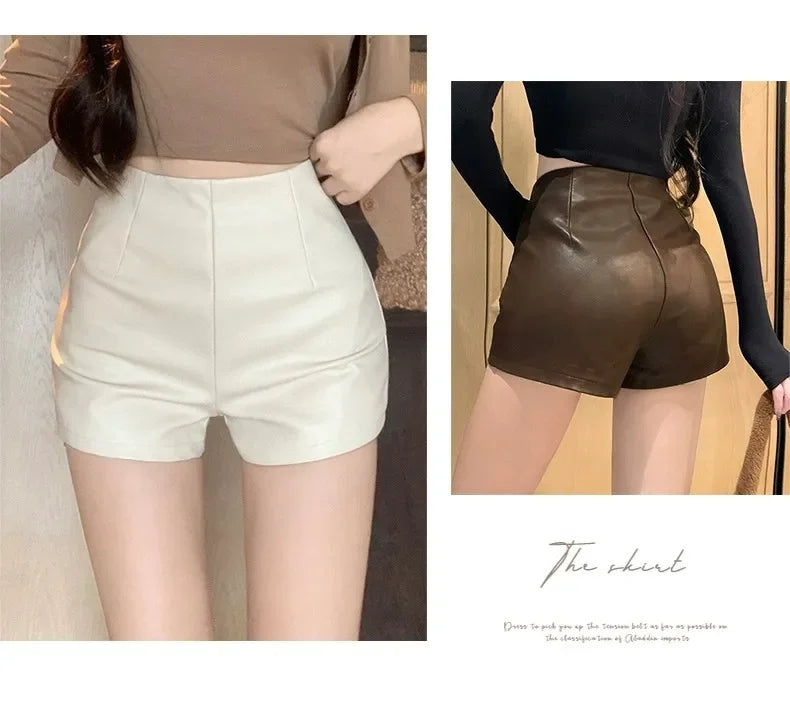 Lunivop Women's New Autumn Black Leather Shorts High-waisted Slimming Tight A- line Casual Pants For Smooth Slimmed Silhouette