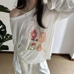 Lunivop Elegant Off Shoulder T Shirt Women Korean Style Transparent Long Sleeve Tees Y2k Thin Loose Vintage Streetwear Tops