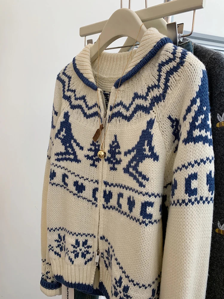 Lunivop Fair Isle Knit Zip Up Sweater Cardigan Women Zipper Front Sweater Jacket Cozy Knitwear Teen-girl Fall Winter Vintage Outfit