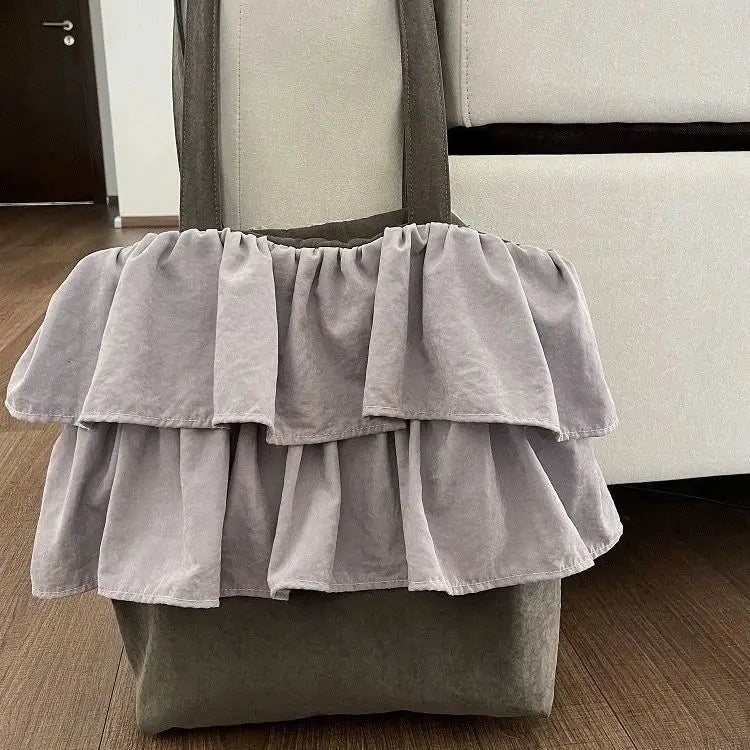 Lunivop  Retro Ruffle Gray Tote Bag Women Canvas Patchwork Large Capacity Bucket Bag Ladies Everyday Casual Harajuku Style Shoulder Bags