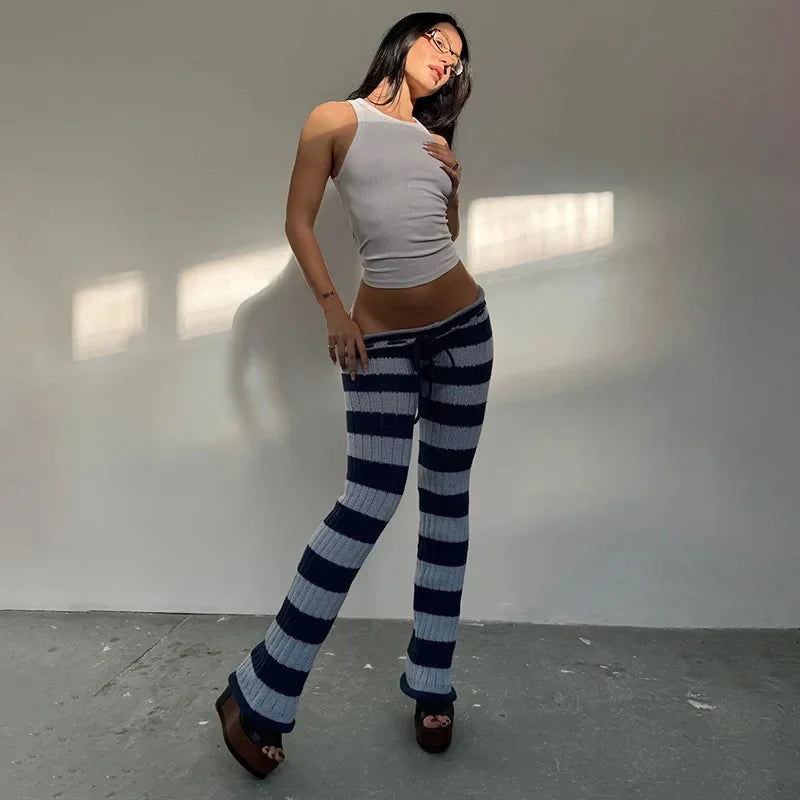 Lunivop  Women Fashion Striped Color Patchwork Knitted Flare Pants Drawstring High Waist Slim Booty Lifting Casual Trousers Streetwear