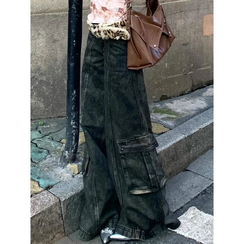 Lunivop Black Women Jeans High Waist Vintage Multiple Pockets Straight Y2K Baggy Denim Pants Street American Style Wide Leg Denim Trouse