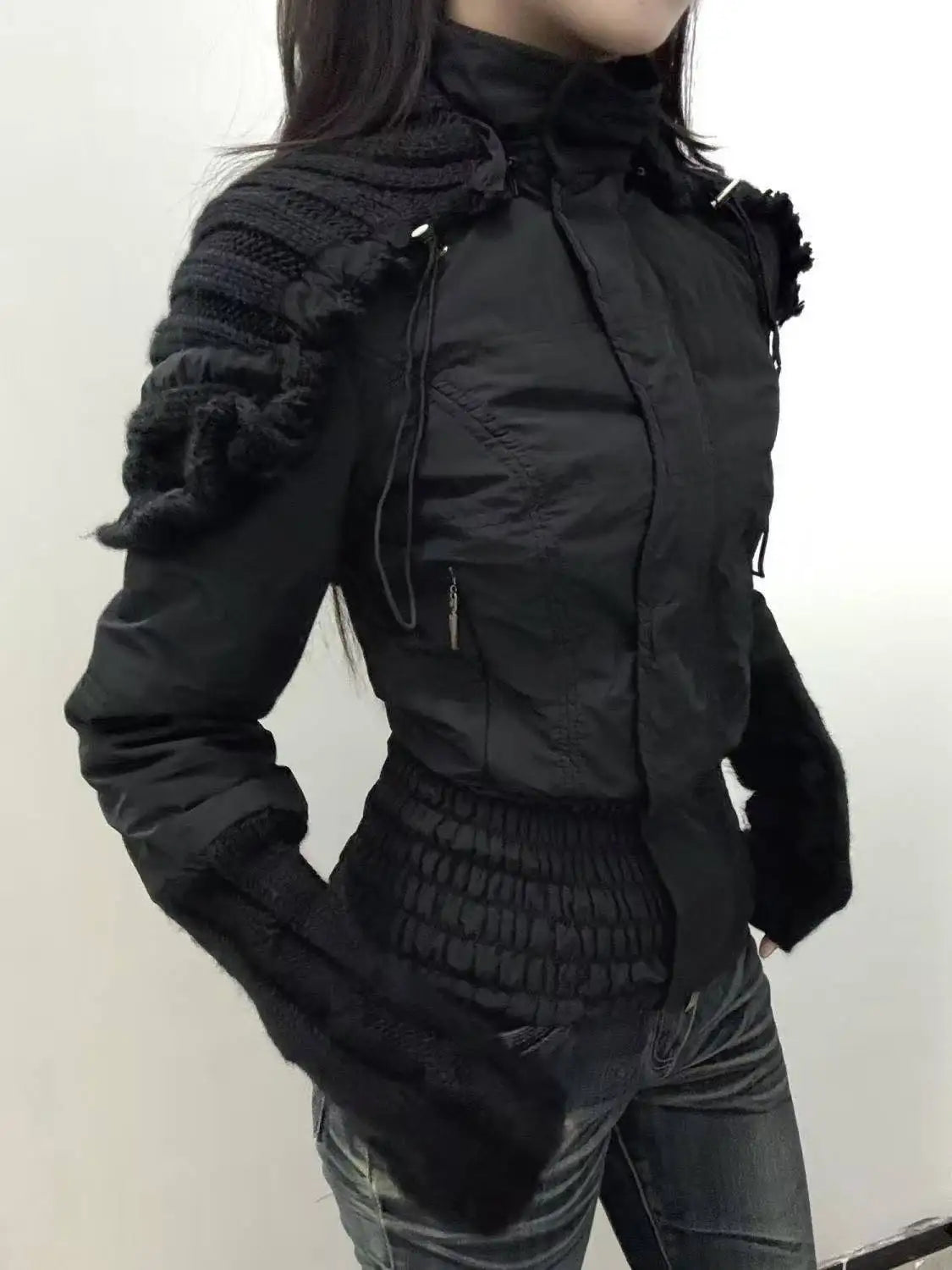 Lunivop  Vintage Harajuku Korean Gothic Womens Hooded Black Jacket Loose Fur Collar Coat Subcultural Youth Casual Street Daily Outfit