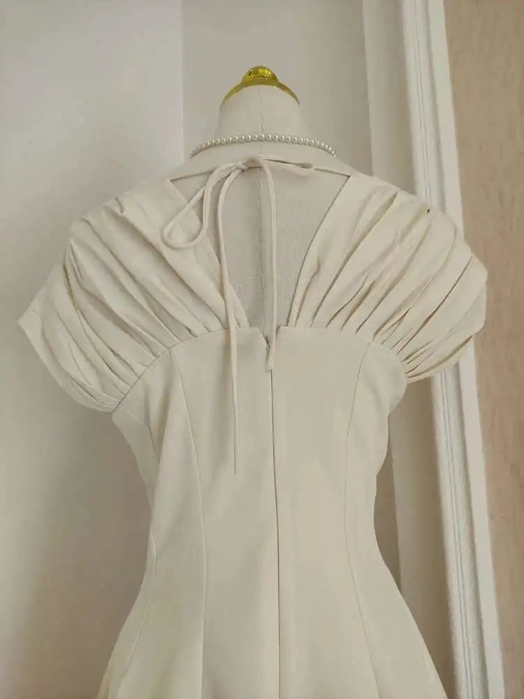 Lunivop Solid Folds Design Dresses For Women Short Sleeve High Waist V Neck Elegant Long Dress Female Autumn 2025 New