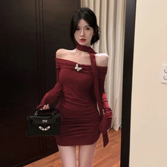Lunivop  Y2k Sexy Off Shoulder Halter Dresses Spring Summer New Long Sleeve Vestidos De Mujer Slim Waist Bodycon Dress for Women