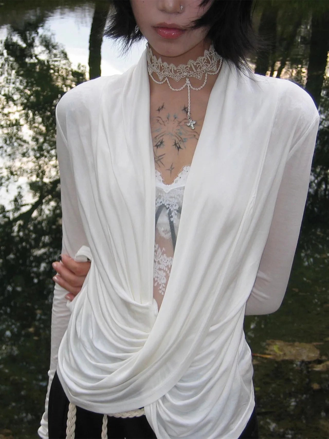 Lunivop Y2k Fairycore T Shirt Women Lace Patchwork Fake Two Pieces Tops Japanese 2000s Irregular Swing Collar Tee Tops E-girls