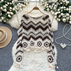 Lunivop Crochet Top Long Sleeve V-Neck Wavy Striped Open-knit Pullover Sweater for Women Teen-girl Boho Vacation Outfit
