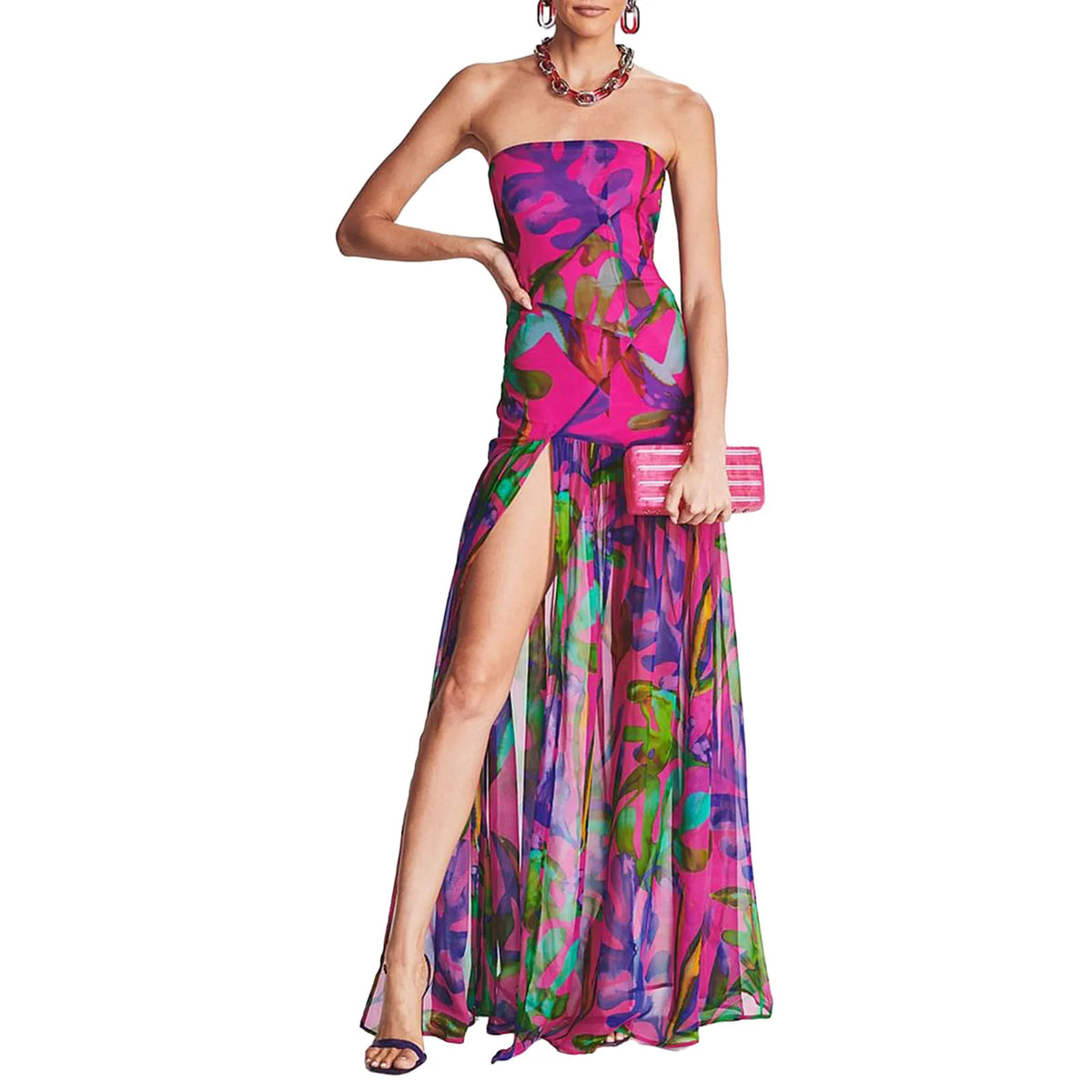 Lunivop  Women Tube Top Dress Slim Strapless Backless Mesh Patchwork Tropical Print High Slit Long Dress for Party Club Night