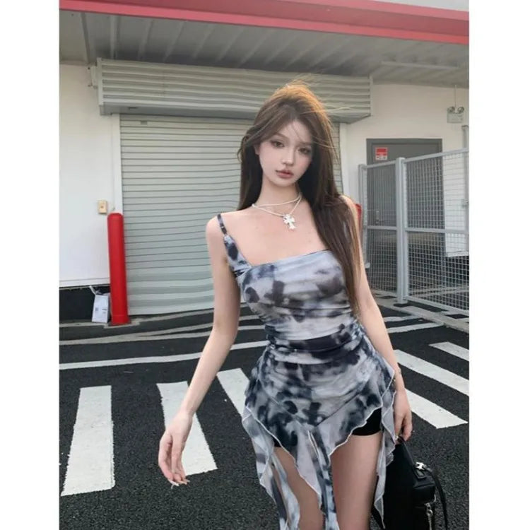 Lunivop  Vintage Tie Dye Irregular Slim Fit Tank Top 2025 Summer New Camisole Vest for Women Ruffles Patchwork All-match Tops Mujer
