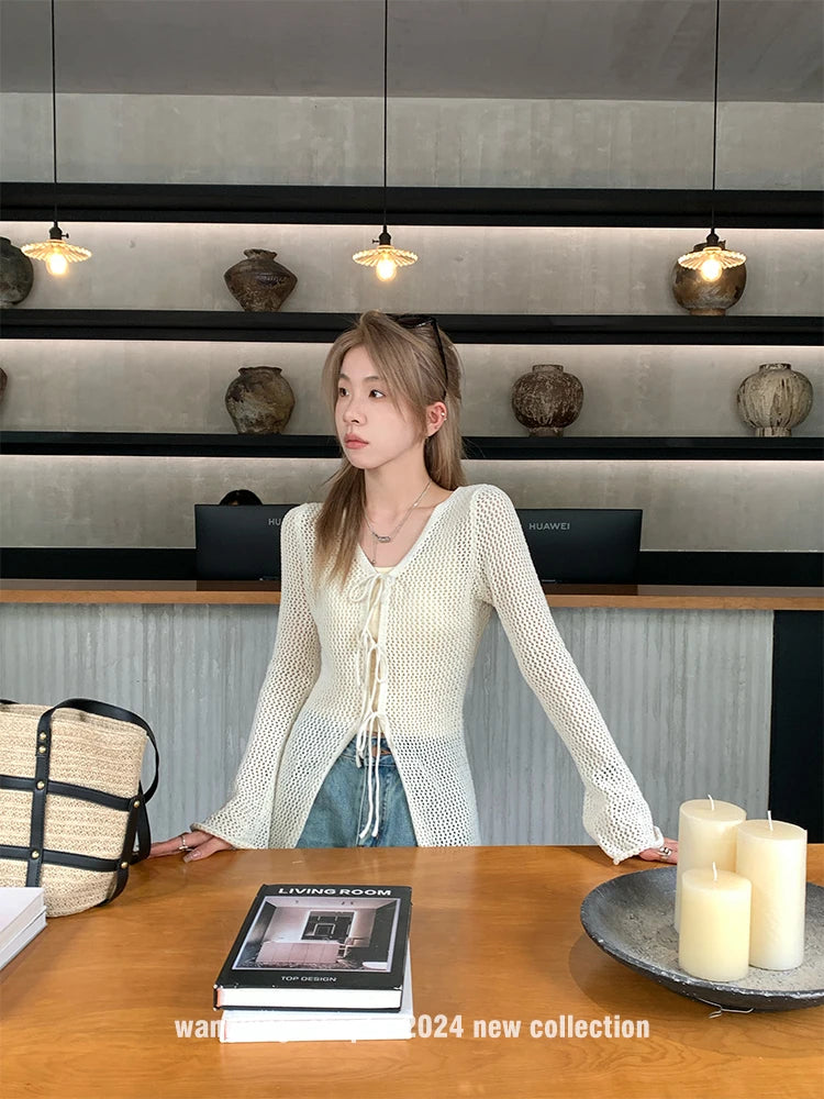Lunivop Tie Front Open Knit Cardigan Women Long Sleeve Longline Sweater Jacket Sheer Beach Cover-Up Ladies Boho Vacation Outfit