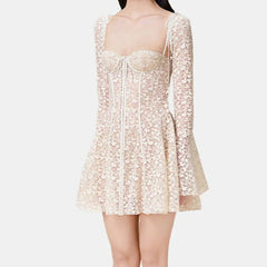 Lunivop  Fashion Women Dress Long Sleeve Low-necked Solid Color Lace Patchwork Female Party Short Dresses New Tide