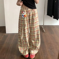 Lunivop  Summer White Pink Plaid Patchwork Pants for Women New High Waist Wide Leg Pants American Retro All-match Casual Trousers