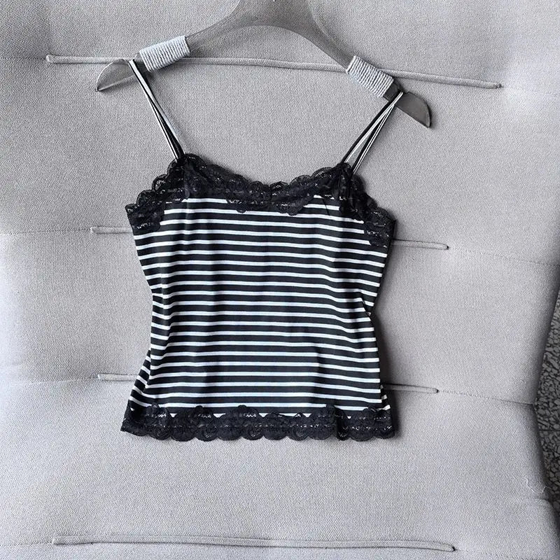 Lunivop  Sexy New Pure Desire Flower Sling Vest Spice Girls Stripe Lace American Tanks Slim Short Sleeveless Print Star Y2K Tees