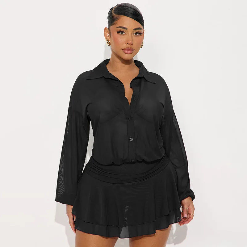 Lunivop  See Through Mesh Ruffles Mini Dress Women Fashion Turn Down Collar Long Sleeve Single Breasted Shirt Ruched Casual Streetwear
