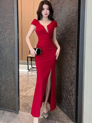 Lunivop  Summer Korean Vintage Hepburn Black Long Dress Gown Women Red Elegant Diamonds V-Neck Sexy Club Dress Fashion Chic Vestidos