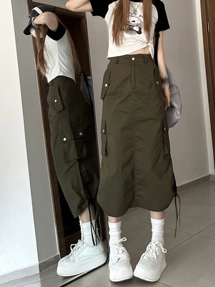 Lunivop American Retro Streetwear Cargo Skirt Women Fashion Slit Hip Hop Midi Skirts Summer High Waist Drawstring Pockets Skirt New