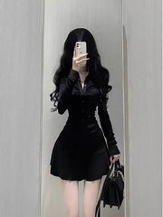 Lunivop  Bla Pleated Long Sve irt Dr Slim Fit A-Line  Skirt Women's Faion Early Spring New Sle Spicy Girl Waist...
