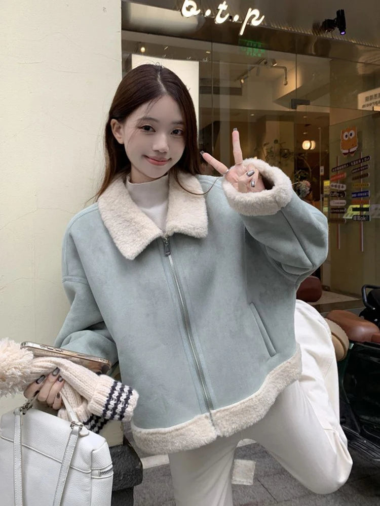 Lunivop Faux Suede Lamb Jackets Women Winter Warm Thick Sweet Cute Short Coat Korean Vintage Loose Long Sleeve Preppy Style Tops