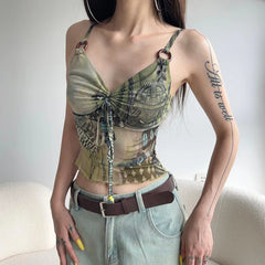 Lunivop  Vintage y2k Crop Top Mesh Drawstring Bandage V Neck Sleeveless Camisole 2000s Harajuku Summer Tees Retro Ladies Clothing