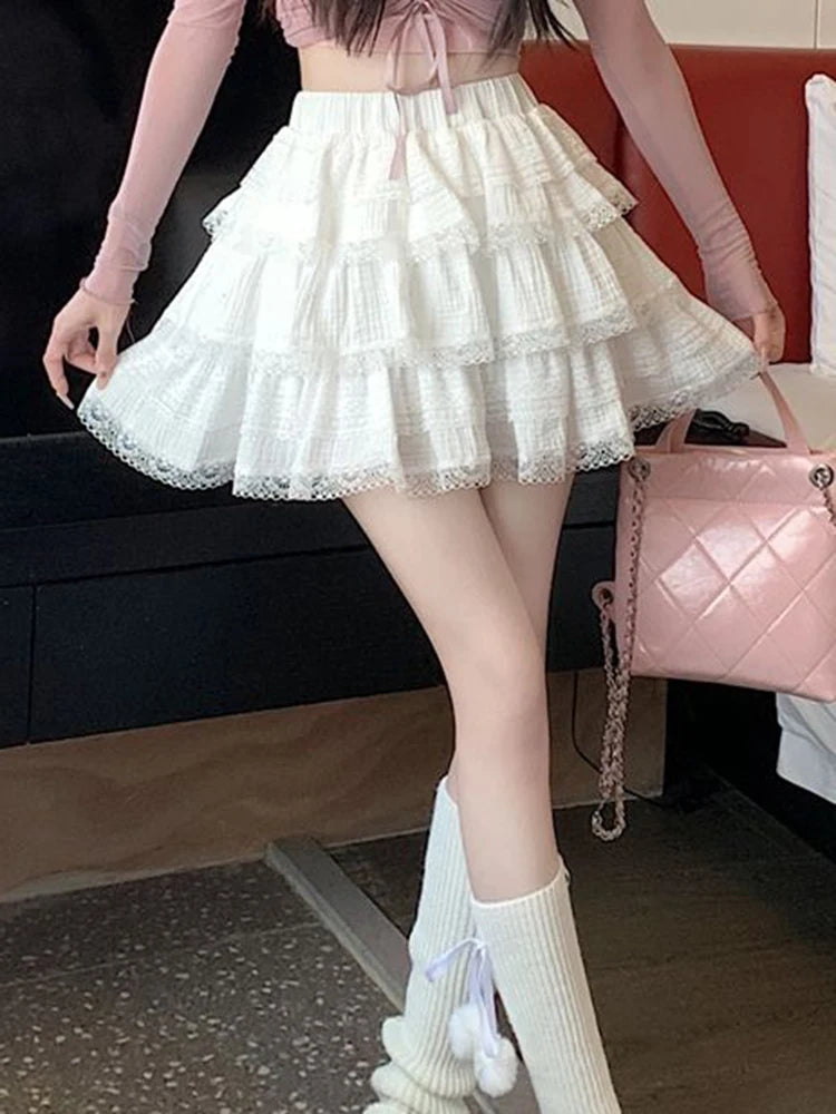 Lunivop Preppy Style Sweet White Skirts Women High Waist Chic Korean Mini Skirt Lace Patchwork Elegant Female Fashion A Line Skirts