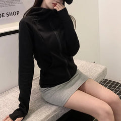 Lunivop  Women Hoodie Zip-up Solid Gray Hooded Sweatshirt Long Sleeve Kangaroo Pocket Sweatshirt Drop Shoulder Cuffed Sleeve Cardigan