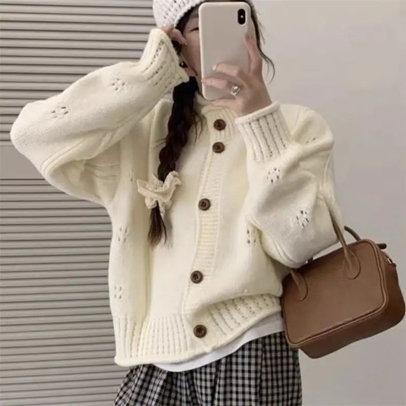 Lunivop Women's Knit Cardigan Sweater Button-up Stand Collare Soft Woolen Pointelle Sweater Jacket Coat Korean Autumn Winter Outfit