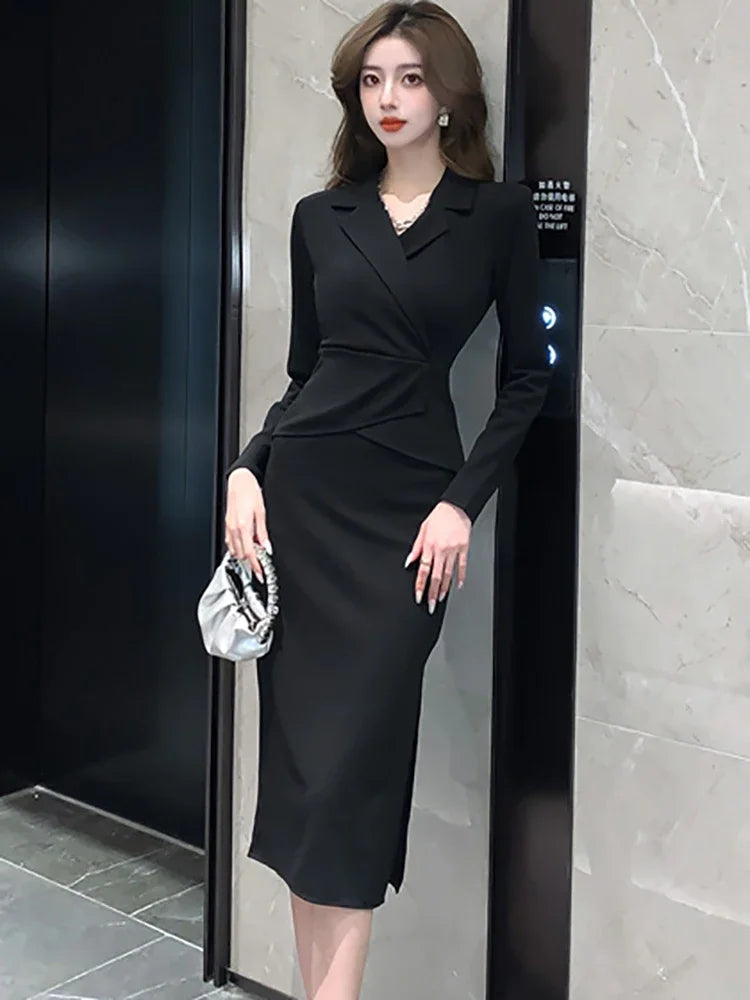 Lunivop  Black Long Sleeve Bodycon Office Lady Dress Autumn Winter Solid Patchowrk Fake Two Piece Dress Korean Elegant Women's Dress