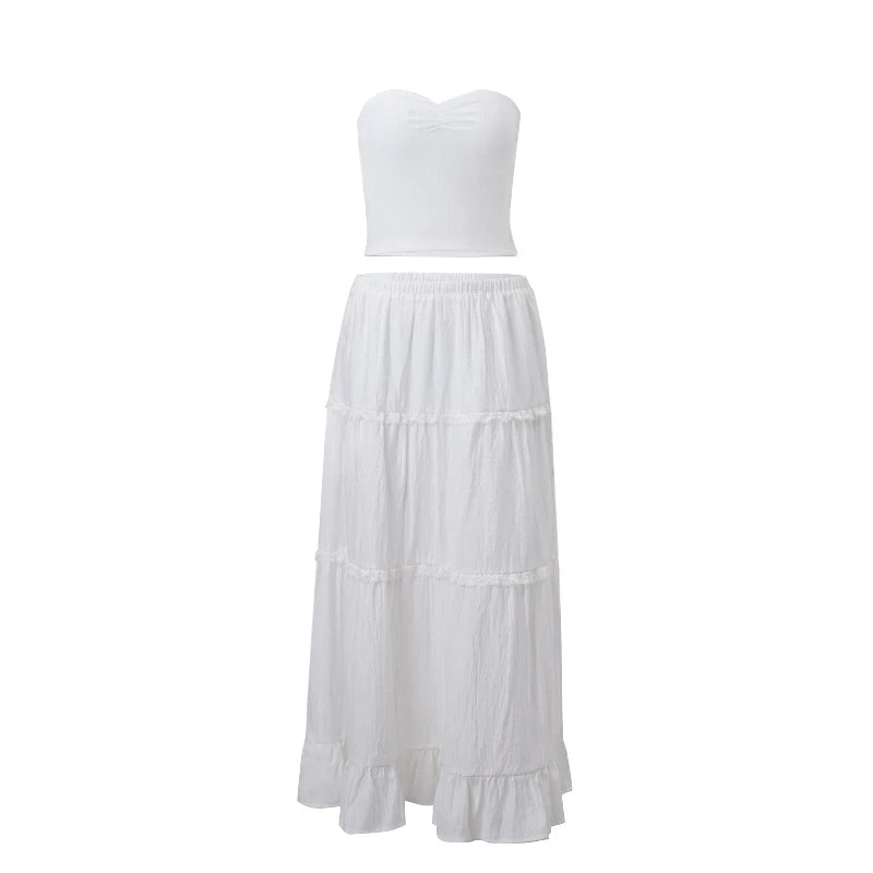 Lunivop   Elegant Off Shoulder Strapless Backless Tank Top With Elastic Waist Pleated Long Skirts Women Beach Holiday 2 Piece Set