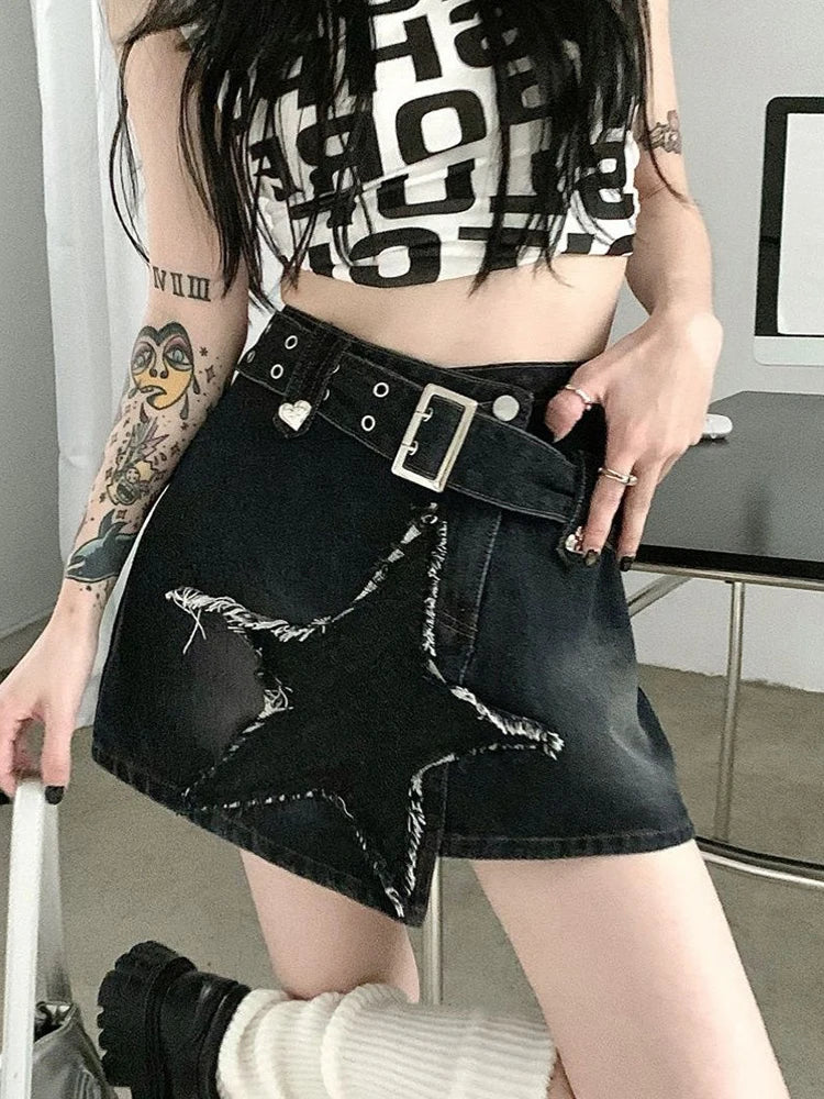 Lunivop  Vintage Star Y2K Denim Skirt Women High Waist Harajuku Belt Black Mini Skirt American Streetwear Retro Summer Gothic Skirt