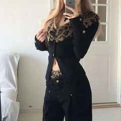 Lunivop Japanese Leopard Knitted Cardigan Sexy Vintage Y2k V-neck Sweaters Long Sleeve Autumn Winter Streetwear Slim Cardigan