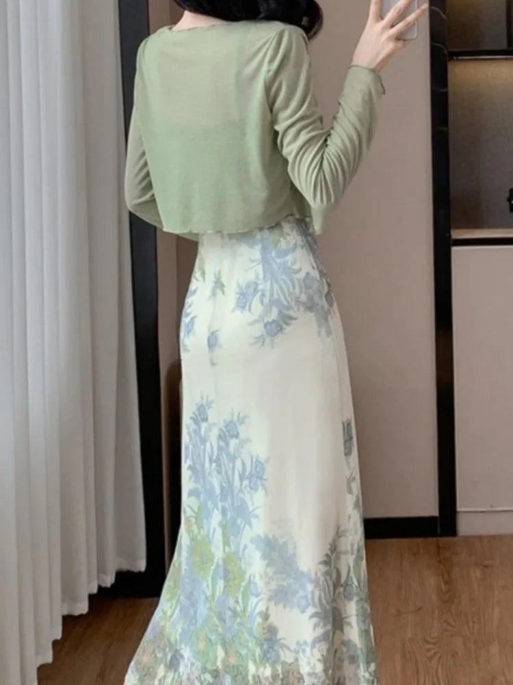 Lunivop Fashion Spring Summer Two Piece Set Women Cardigan Short Top + Retro Jacquard Spaghetti Straps Midi Dress Elegant Party Suits