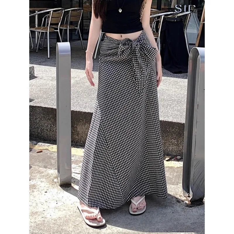 Lunivop Streetwear Contrast Color Plaid Casual Mid-length Skirt Women Summer New High Waist Pleated Lace Up Loose A-line Skirt