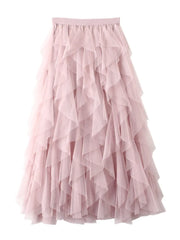 Lunivop  Women Layered Irregular Mesh Skirt Korean Clothes Summer Vintage Elastic Waist Pleated Mid Long A-line Skirts Femme